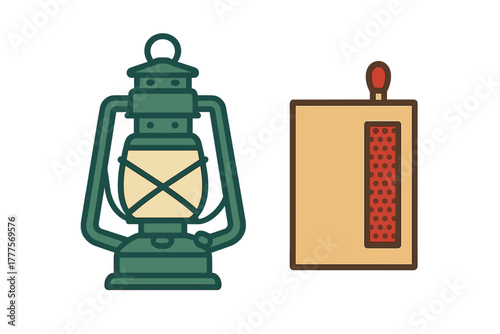 Traditional green camping lantern and matchbox essential tools for emergency preparedness