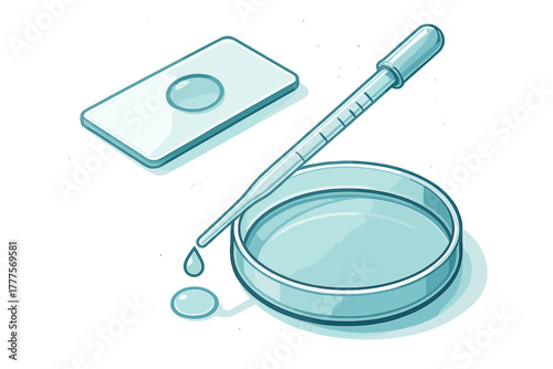 Scientific laboratory tools including a pipette dripping liquid onto a petri dish and a microscope slide