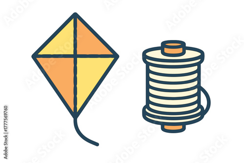 Traditional diamond kite and large spool of thread or string for flying activities and crafts