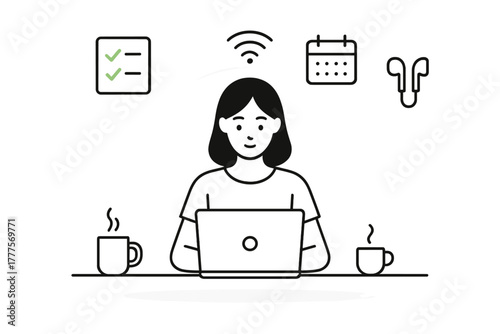 Woman working remotely on laptop surrounded by productivity and communication icons