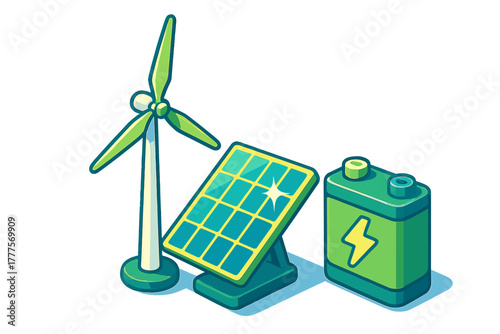 Wind turbine, solar panel, and battery for sustainable energy generation