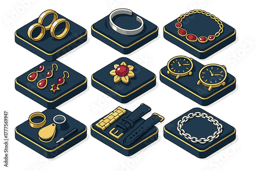 Isometric set of luxury jewelry items including gold rings, gemstone necklaces, watches, and bracelets on display stands