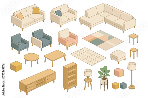 Modern living room furniture collection set in isometric view for interior layouts