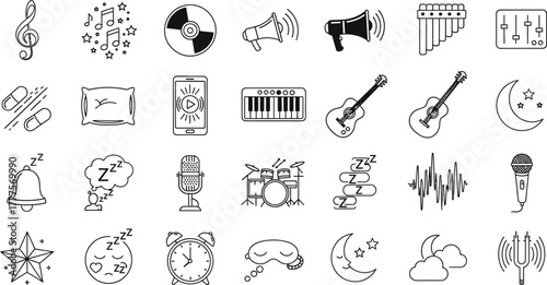 Collection of music and sleep related icons in black and white style
