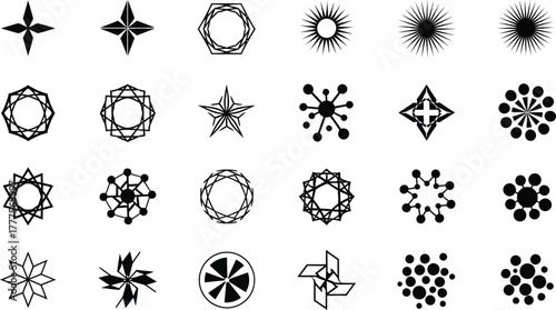 Geometric shapes and patterns arranged in rows and columns on white