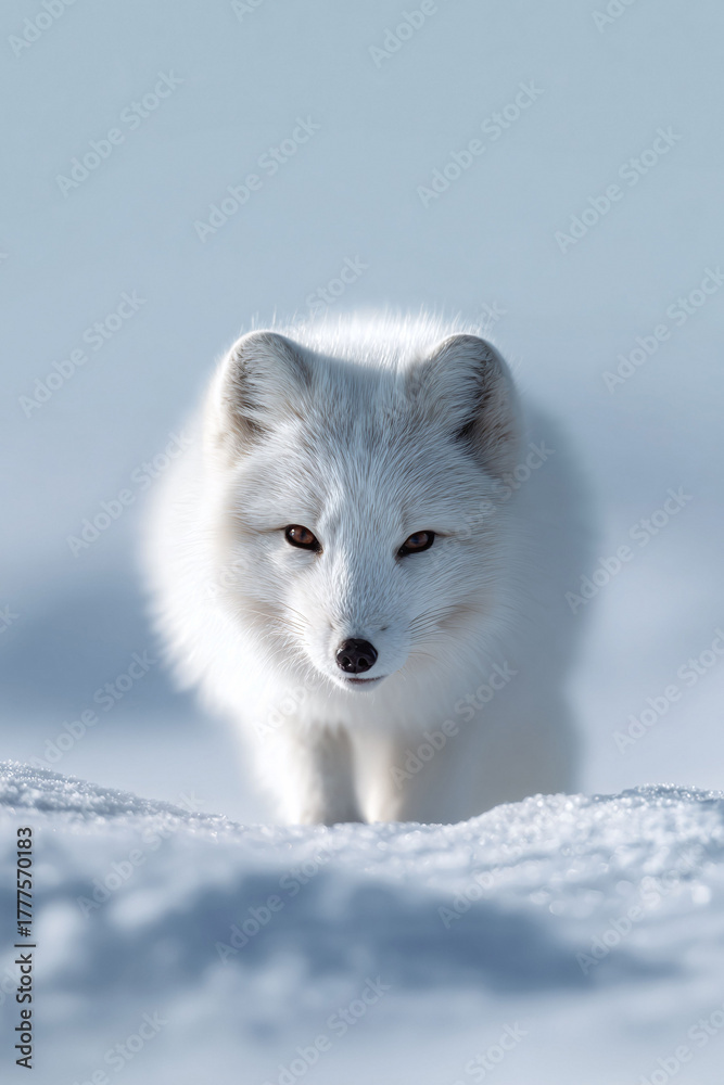 Fototapeta premium A pristine Arctic fox stares intently, its white fur blending into the snowy landscape. Symbolizes adaptability, resilience, and the beauty of the Arctic wilderness.