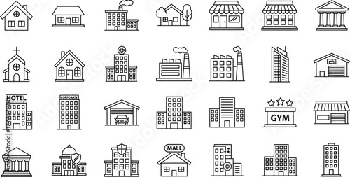 Collection of various building icons in outline style on white background