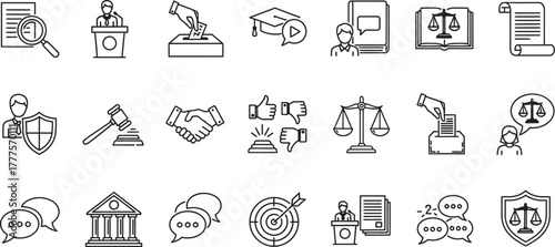 Collection of law and justice related icons in line art illustration