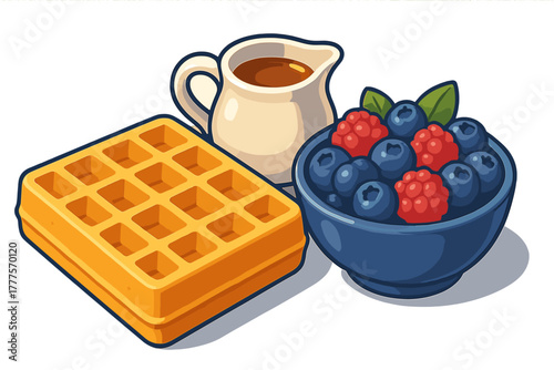 Delicious breakfast setup with golden waffle, fresh mixed berries, and maple syrup