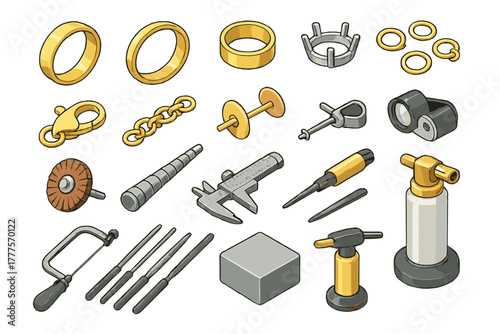 Goldsmith tools and equipment for crafting jewelry, rings, chains, and precious metal items