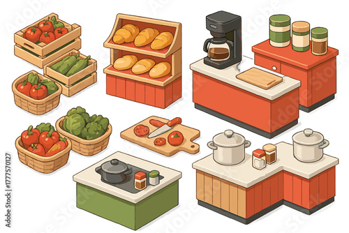 Kitchen counters, coffee maker, cooking pots, fresh vegetables, and bread display shelf