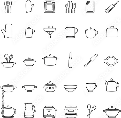 Hand-drawn kitchen icon set featuring cookware, utensils, appliances, dishes, mitts, kettles and baking tools