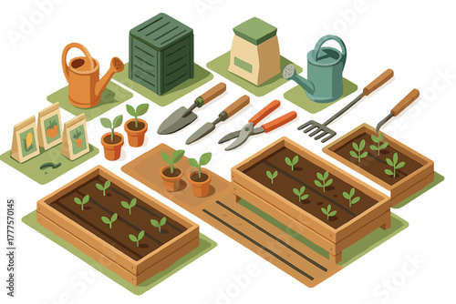 Isometric collection of essential gardening tools, potted seedlings, and raised planting beds