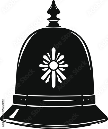 British police helmet icon in black outline style featuring traditional custodian design with badge and starburst emblem