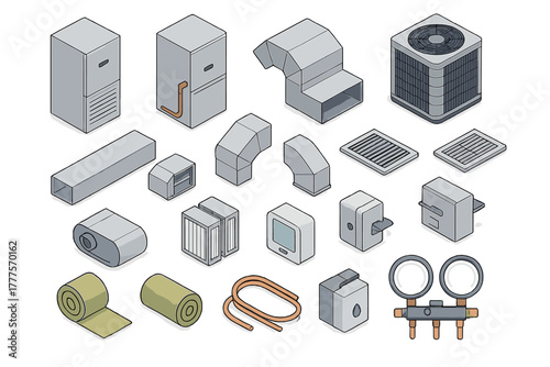 Isometric HVAC system components, tools, heating, ventilation, and air conditioning equipment