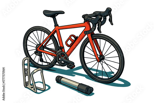 Red road racing bicycle and essential cycling gear including pump and water bottle cage