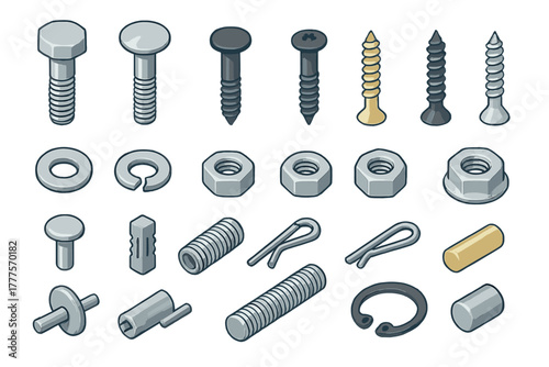 Isometric set of construction and industrial metal fasteners including bolts, screws, nuts, washers, and pins