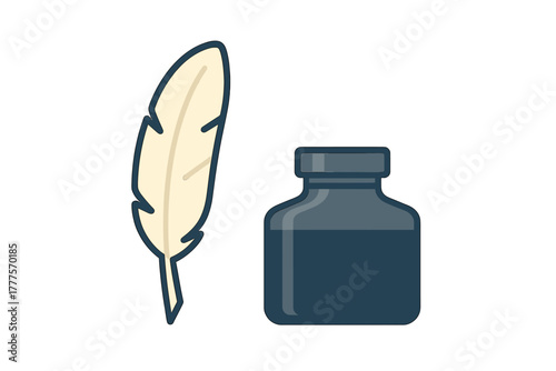 Feather quill and bottle of dark ink representing traditional writing