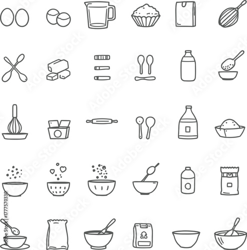 Baking ingredients and tools icon set in hand-drawn style featuring eggs, flour, whisks, bowls, butter and measuring cups