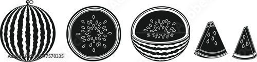 Black and white illustration of whole and sliced watermelons and wedges