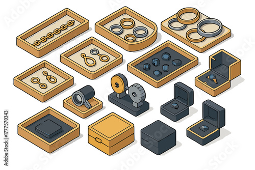Isometric collection of jewelry shop items: rings, chains, gemstones, display trays, and jeweler tools