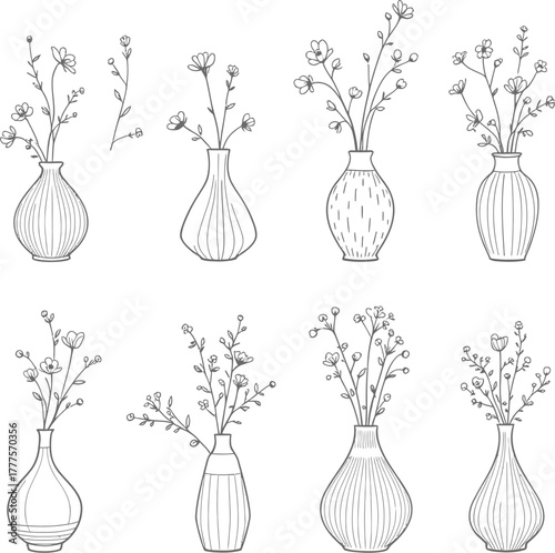 Flower vase icon set in black outline style featuring varied shapes and floral arrangements with stems, leaves and blossoms