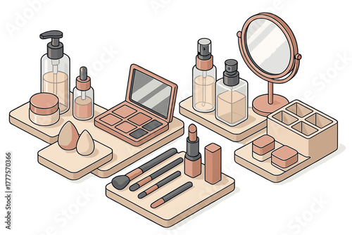 Modern isometric arrangement of cosmetic products and beauty tools on platforms