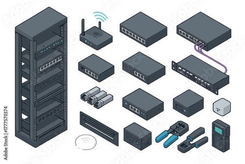 Isometric collection of data center networking hardware devices and installation tools