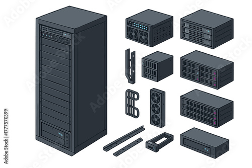 Isometric server rack and modular data storage components set for network infrastructure design