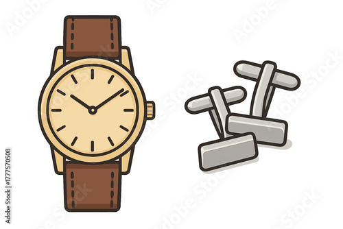 Classic analog timepiece featuring a gold case and leather strap paired with shiny silver cufflinks