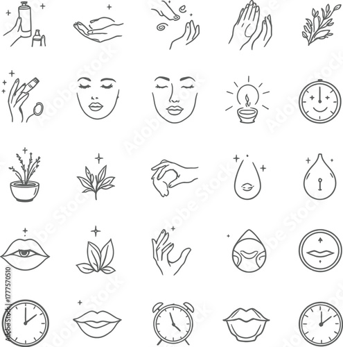 Skincare and wellness icon set in minimal outline style featuring hands, plants, bottles, masks, drops and beauty rituals