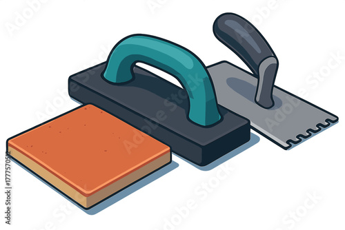Set of essential tiling and masonry tools including floats, trowels, and spatulas for construction work