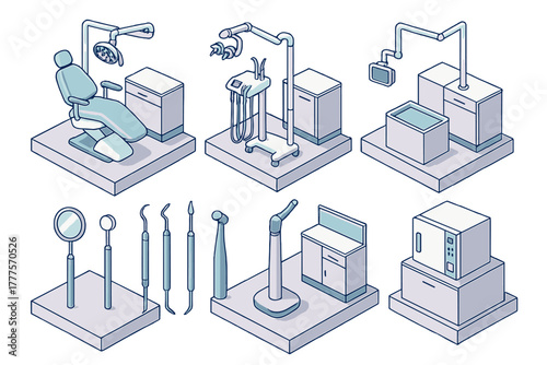 Isometric dental clinic equipment, tools, and instruments for oral hygiene