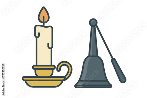 Vintage burning candle in golden holder next to old fashioned reception desk bell