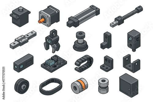 Isometric view of industrial automation components: motors, actuators, sensors, and mechanical parts