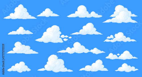 Pixel art white clouds set on blue background. Fluffy cloudscape. Retro 8 bit pixel art