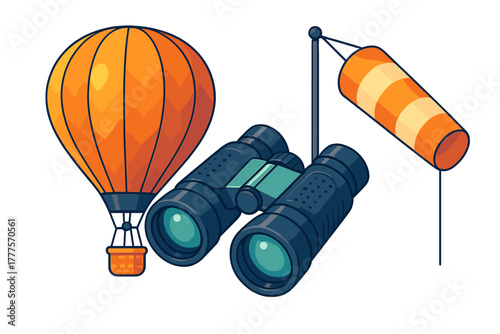 Large orange hot air balloon, binoculars, and a striped windsock for travel and exploration
