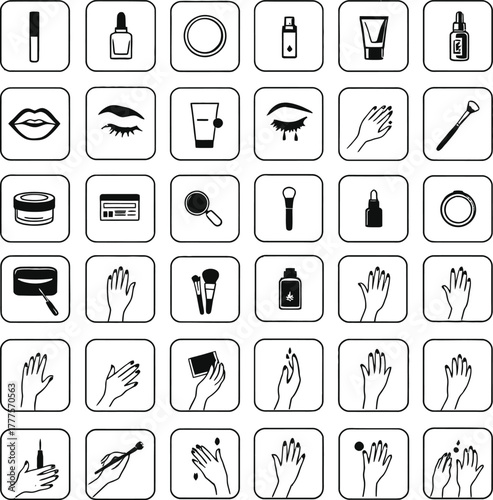 Makeup and grooming icon set in black outline style featuring lipstick, brushes, compacts, nail polish and beauty tools