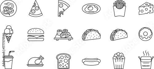 Illustration of various food items including pizza and burger icons
