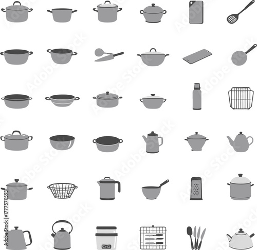 Kitchen utensil and appliance icon set in monochrome style featuring pots, pans, graters, kettles and cooking tools