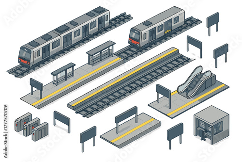 Isometric metro station infrastructure set with trains, platforms, tracks, and signs