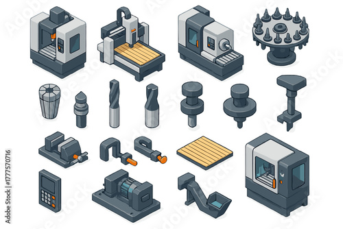 Isometric collection of industrial CNC machine tools and accessories for manufacturing