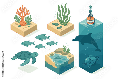 Isometric marine ecosystem elements featuring sea creatures, coral reefs, and deep-sea exploration