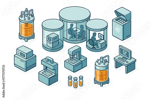 Isometric collection of biotechnology research equipment, bioreactors, and automated lab machinery