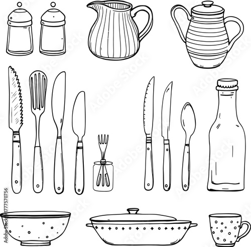 Kitchen utensils and tableware icon set in black outline style featuring knives, forks, bowls, teapot, pitcher and cup