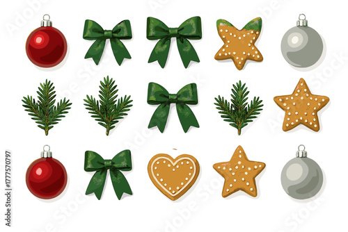 Realistic Christmas ornaments, green satin bows, pine branches, and festive gingerbread cookies