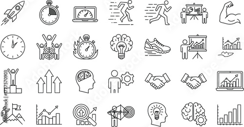 Collection of business and achievement icons in outline style design