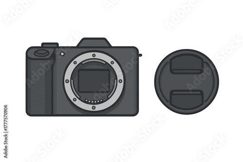 Professional mirrorless camera body with lens mount interface and separate protective body cap