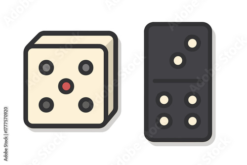 Classic gaming elements featuring a five-spot die and a two-four domino tile on white background