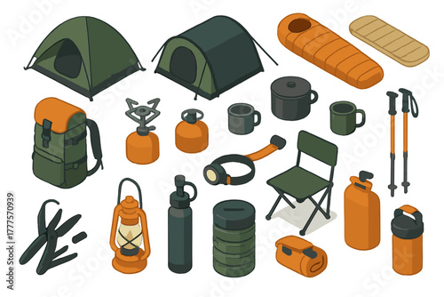 Isometric set of essential camping and hiking equipment: tents, backpack, sleeping bag, and cooking gear